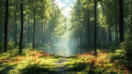 Obraz premium Serene forest path with sunlight filtering through trees.