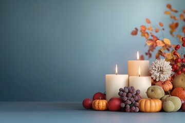 A blue background with three candles and a bunch of fruit, Thanksgiving