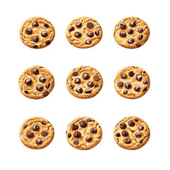 Delicious chocolate chip cookies arranged in a grid on a white isolate background. isolated on transparent background.