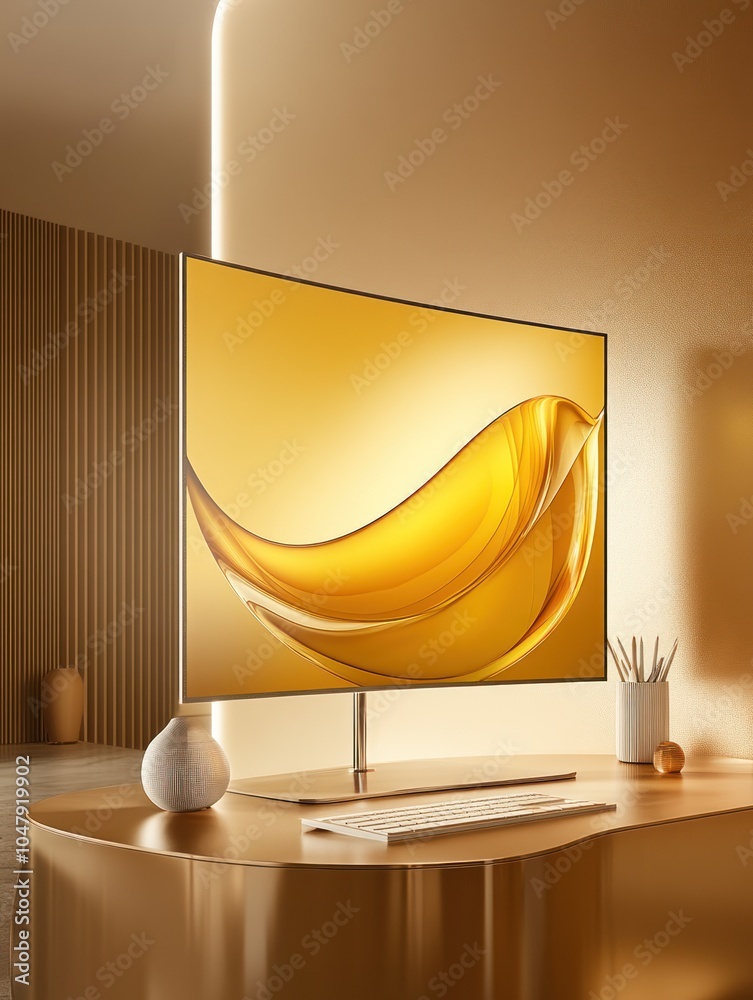 Wall mural A modern computer monitor displaying a golden liquid splash on a minimalist desk.