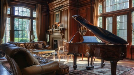 Fototapeta premium A Grand Piano in a Luxurious Living Room with Large Windows