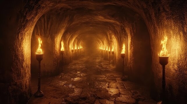 Eerie Medieval Catacombs with Flickering Torches