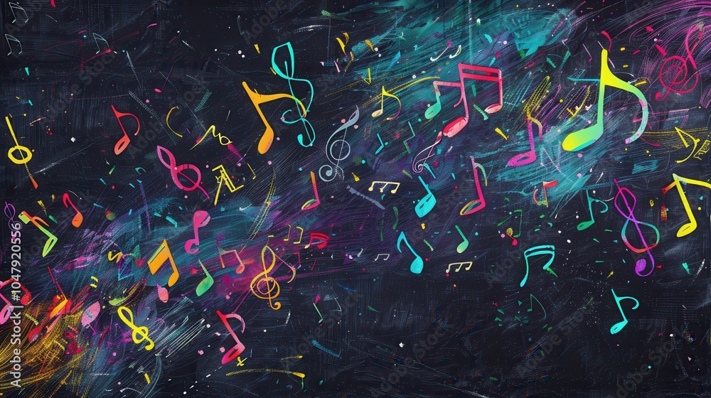 Poster the chalkboard displays an explosion of colors with swirling brushstrokes and scattered musical note