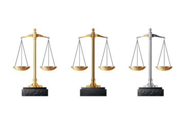 Set of three metallic scales of justice on white isolated background. isolated on transparent background.