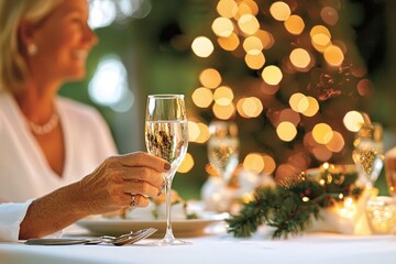 Celebrating Joyful Moments with Toasts and Festive Lights at a Holiday Dinner Gathering