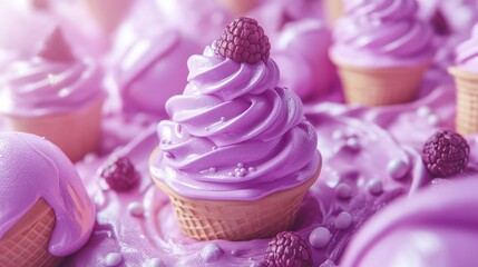 Close-up of a purple ice cream cone with raspberries on top.