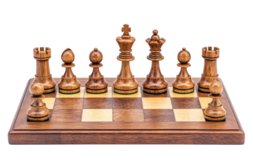 Wooden chess pieces arranged on a chessboard, showcasing intricate designs and craftsmanship, white isolate background. isolated on transparent background.