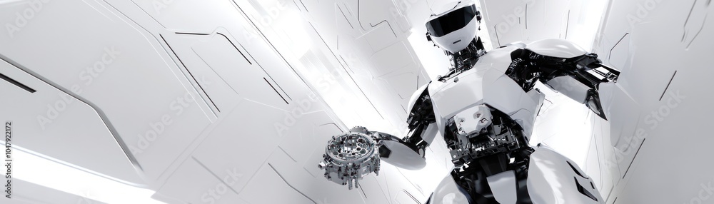 Poster White humanoid robot standing in a futuristic, white, and sleek hallway.