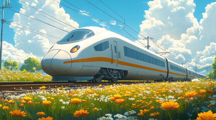 The white high-speed train traveling on the grassland
