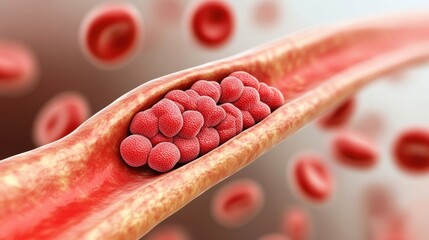 Illustration of a Blood Clot Inside a Blood Vessel - Detailed Medical Concept Depicting Clotting, Arterial Blockage, and Cardiovascular Health