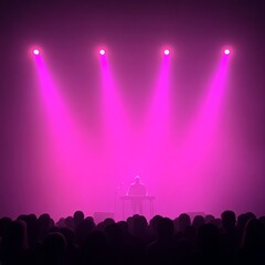 A performer on stage with pink lights and a foggy atmosphere, engaging the audience.