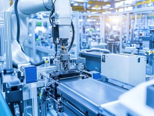 Robotic arm assembling a product on a conveyor belt in a modern factory.