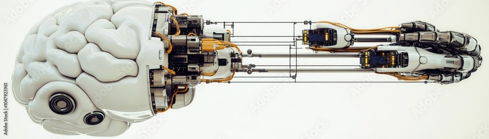 Poster Human brain connected to a robotic arm, with gears and wires, white background.