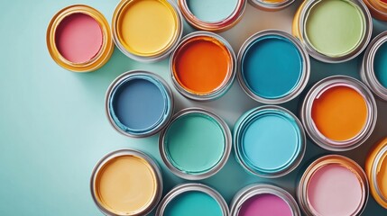 A close-up shot of open metal paint cans showcasing a spectrum of bold colors,
