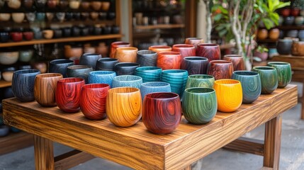 A collection of unused wooden cups and bowls displayed at a rustic yard sale, carefully arranged on a wooden table with open space for text, showcasing their handcrafted quality