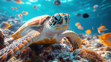 A vibrant sea turtle swimming among colorful fish and coral.