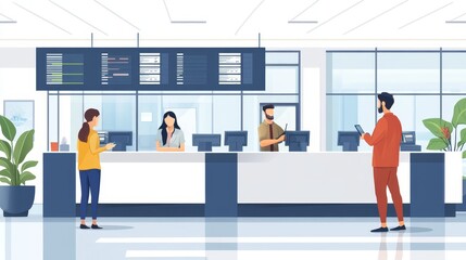 A modern reception area with staff assisting visitors at a service counter.