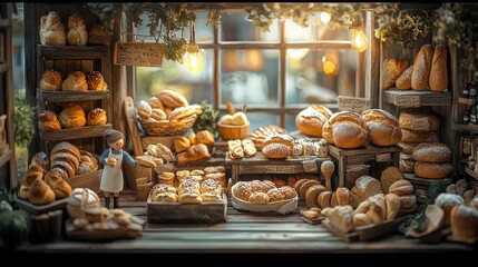 Miniature Bakery Display with Lively Bread Selection