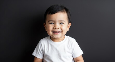 hispanic latino toddler boy black background wearing plain white tshirt smiling happy portrait