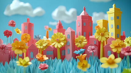 Obraz premium Papercraft Cityscape with Flowers Illustration