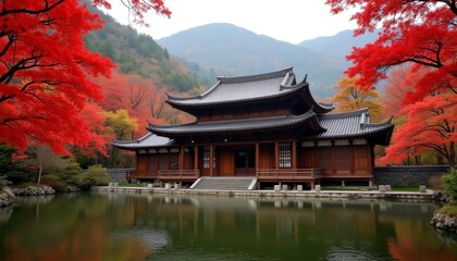 Fototapeta premium Elegant East Asian Pavilion in Autumn Splendor