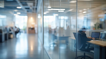 Modern office, long floor to ceiling windows, busy company staff