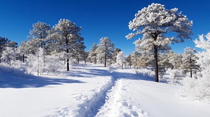 Fototapeta premium Purple hues of winter, a snowy path through the enchanting forest snowy