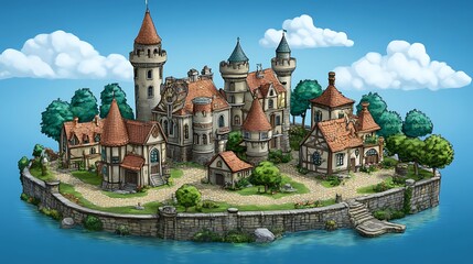 Naklejka premium Cartoon Fantasy Village on an Island with a Stone Wall and a Blue Sky.