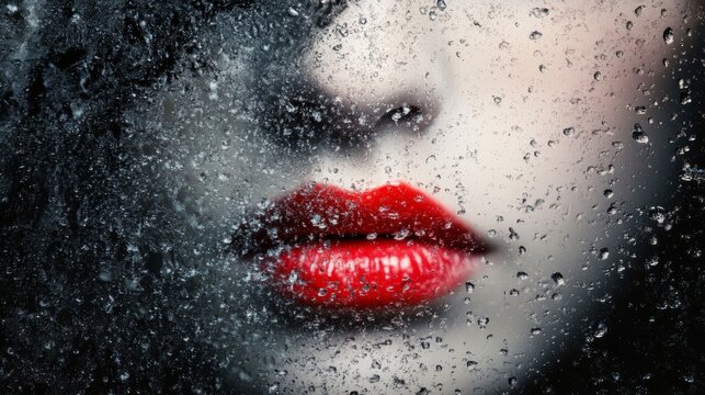 Captivating beauty, a closeup portrait of woman with red lips adorned with glistening raindrops