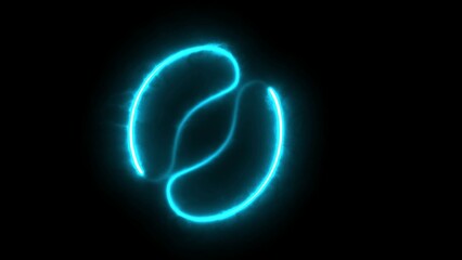 On a black background, a glowing neon line seed icon is isolated.