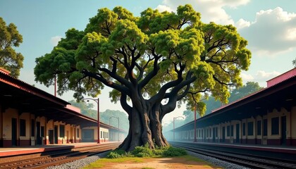 Obraz premium A serene moment at the train station under the shade of a majestic tree