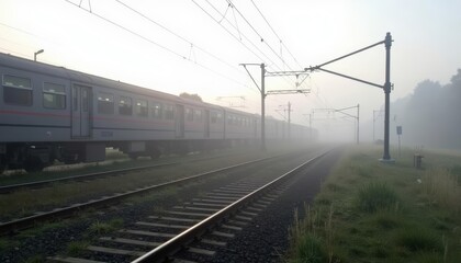 Obraz premium Electric train journeying through misty countryside