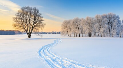 Obraz premium Serene winter wonderland, pristine snow blankets a vast field in white