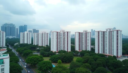 Fototapeta premium Modern cityscape with towering residential buildings and lush greenery