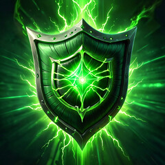 Fototapeta premium A green shield with a glowing center, surrounded by green electric energy, against a dark green background.