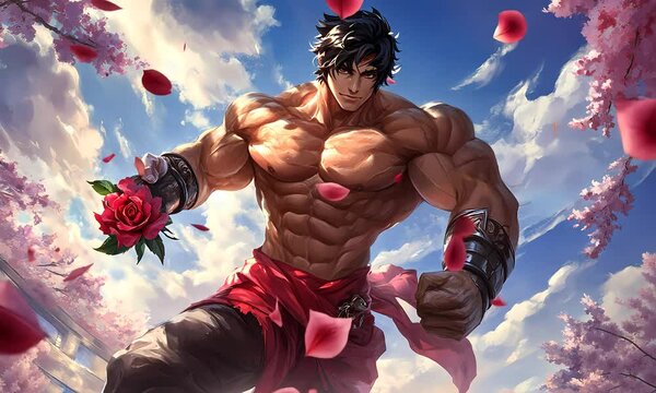 Romantic Fitness Anime Guy Character Holding Rose: Valentine Video