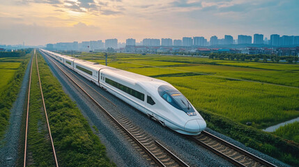 Fototapeta premium High speed trains, distant city buildings
