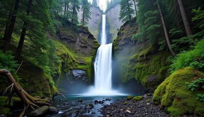Fototapeta premium Natures grandeur A waterfall cascading through a lush forest