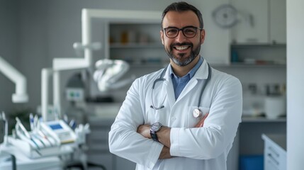 A male doctor with a friendly smile, standing in a medical office with arms folded, surrounded by medical equipment, symbolizing professionalism and care