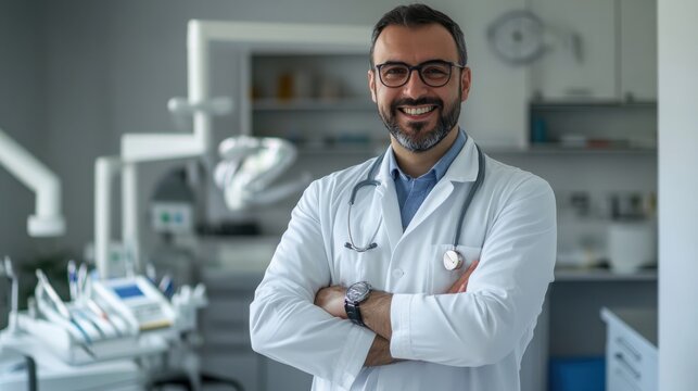 A male doctor with a friendly smile, standing in a medical office with arms folded, surrounded by medical equipment, symbolizing professionalism and care