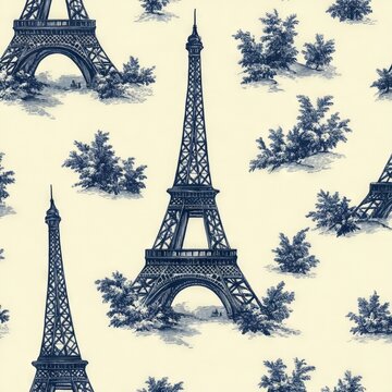 A repeating pattern featuring the Eiffel Tower among decorative foliage.