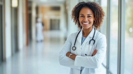 A portrait of a smiling doctor in a white coat, arms crossed, with a stethoscope around their neck, standing confidently in a bright hospital hallway
