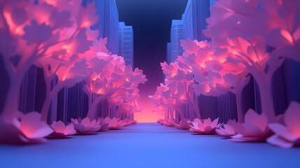 Papercraft Cityscape Illustration - Pink and Blue Glow