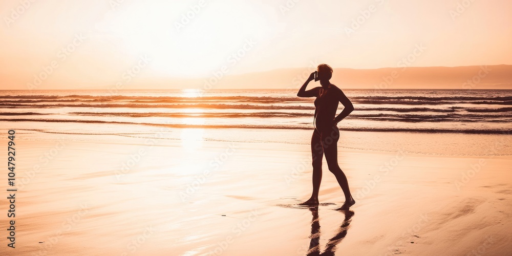 Canvas Prints Silhouette of a woman standing on a beach at sunset.