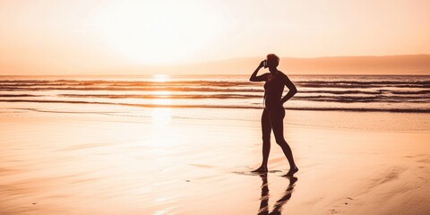 Fototapeta premium Silhouette of a woman standing on a beach at sunset.