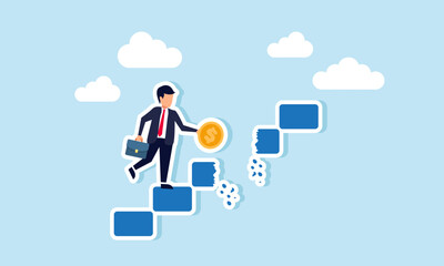 A businessman carrying a dollar coin climbing stairs discovers a broken step ahead, illustration of being aware of dangers threatening investment assets