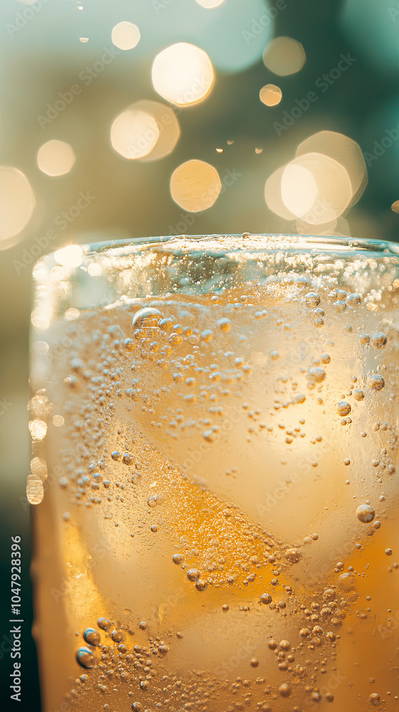 Wall mural refreshing iced drink with ice cubes and sparkling bubbles, perfect for warm day. vibrant colors and