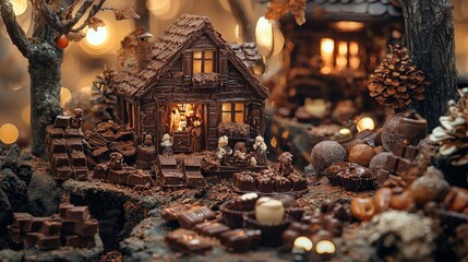Fototapeta premium Charming Miniature Chocolate Scene with Figures and Lights