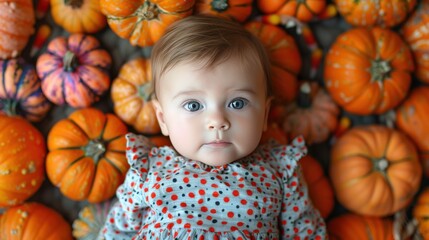 Baby Surrounded by Pumpkins in Autumn
