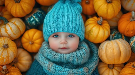 Cute Child Among Autumn Pumpkins